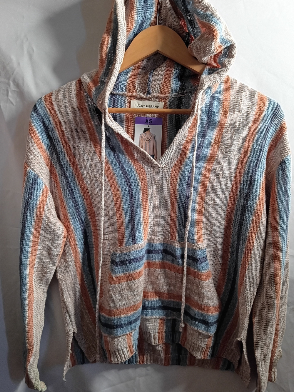 Lucky Brand Striped Hooded Crewneck Sweater in Beige, Blue & Rust